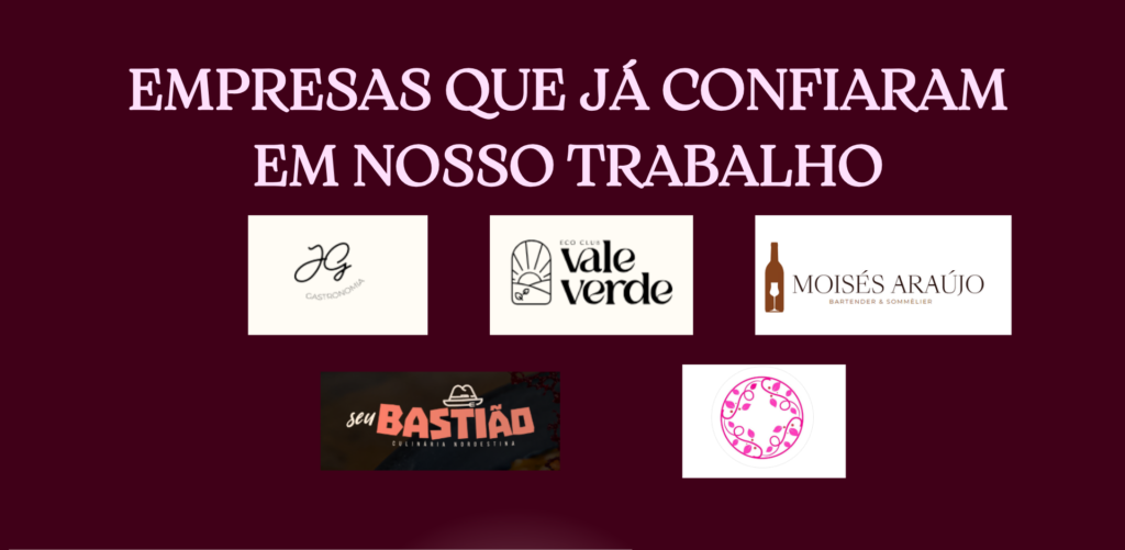 Imagem com o título “Empresas que já confiaram em nosso trabalho”, exibindo os logos de cinco negócios gastronômicos atendidos pela Malu Gastromarketing, incluindo JG Gastronomia, Eco Club Vale Verde, Moisés Araújo Sommelier, Seu Bastião e outros. Fundo em bordô escuro, reforçando autoridade e sofisticação da marca.
