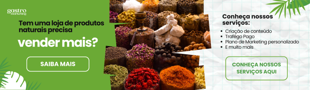 Banner sobre Marketing para Loja de Produtos Naturais, com destaque para o faturamento de R$ 7 bilhões em 2023 e serviços como criação de conteúdo, tráfego pago e plano de marketing personalizado.