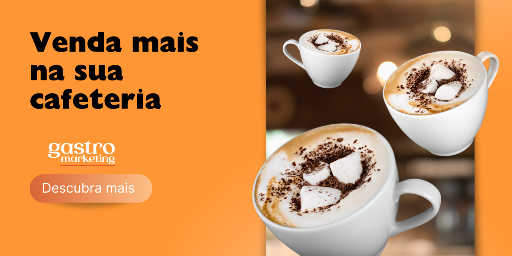Campanha visual de marketing para cafeteria com xícaras de café e chamada para aumentar vendas usando estratégias de marketing.