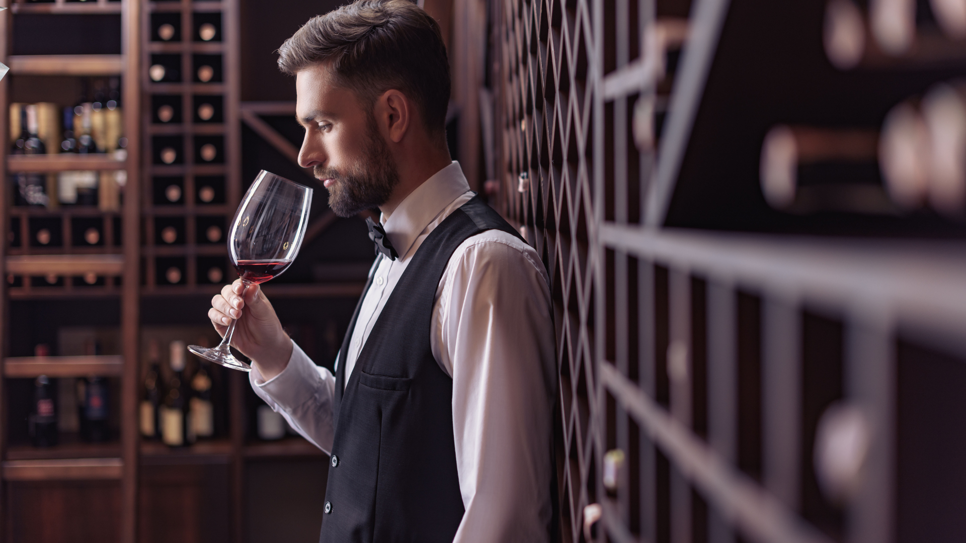 Sommelier avaliando taça de vinho tinto em adega – imagem representando gestão de marketing para sommelier e valorização da expertise profissional.