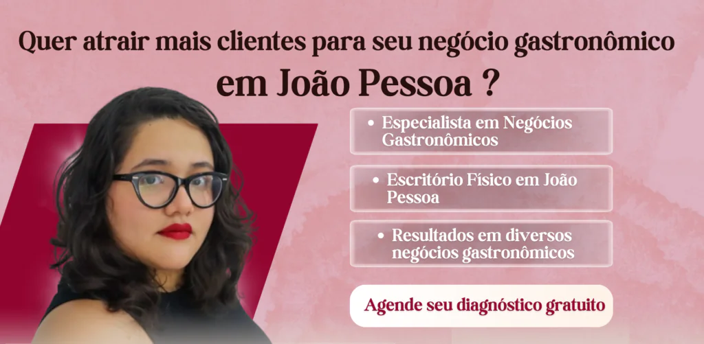Banner promocional de marketing gastronômico com especialista da Malu Gastro Marketing. Destaque para atendimento em João Pessoa, com chamada para agendamento de diagnóstico gratuito e benefícios para negócios gastronômicos locais.