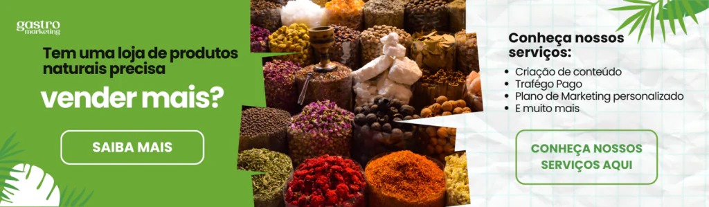 Banner sobre Marketing para Loja de Produtos Naturais, com destaque para o faturamento de R$ 7 bilhões em 2023 e serviços como criação de conteúdo, tráfego pago e plano de marketing personalizado.